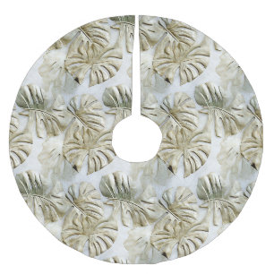 White Gold Green Tropical Leaves Brushed Polyester Tree Skirt