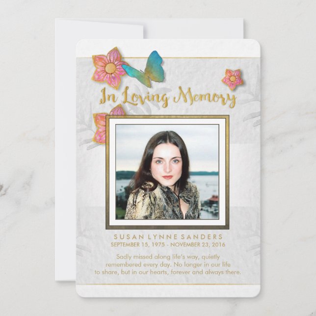 White Gold & Grey Butterfly Memorial Thank You Card (Front)