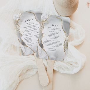 White, Gold & Grey Mist Agate Wedding Program Hand Fan