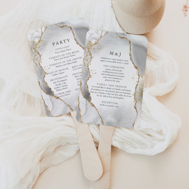 White, Gold & Grey Mist Agate Wedding Program Hand Fan (Creator Uploaded)