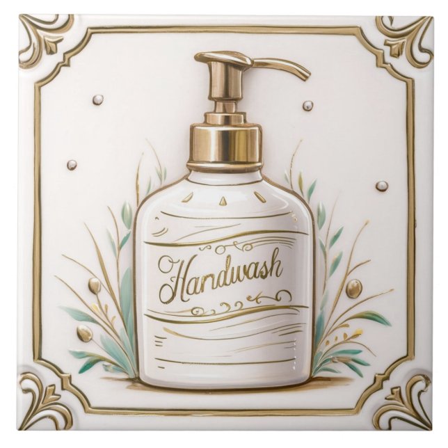 White & Gold Handwash Soap Pump Bottle Bathroom Tile (Front)