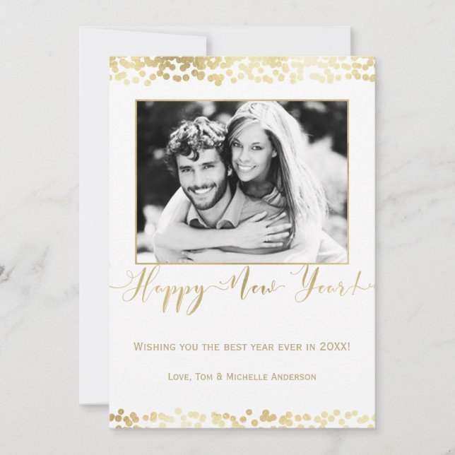 White & Gold Happy New Year Modern Chic Photo Holiday Card (Front)