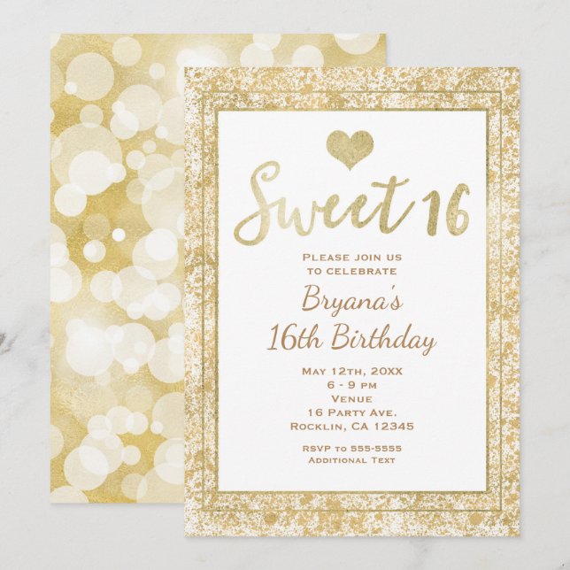 White & Gold Heart Glam SWEET 16 Party Invitation (Front/Back)