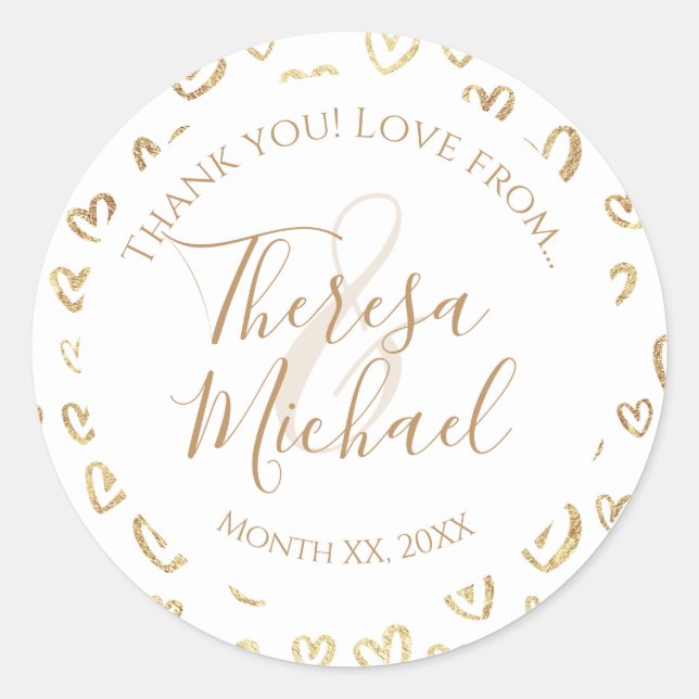 White Gold Hearts Custom Wedding Thank You Classic Round Sticker (Front)