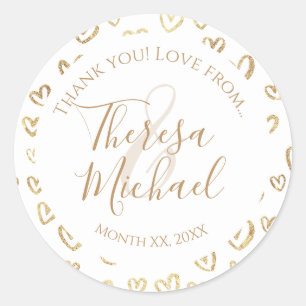 White Gold Hearts Custom Wedding Thank You Classic Round Sticker