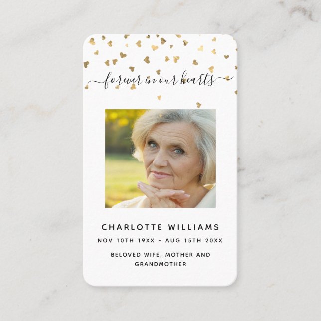 White gold hearts photo funeral prayer card (Front)