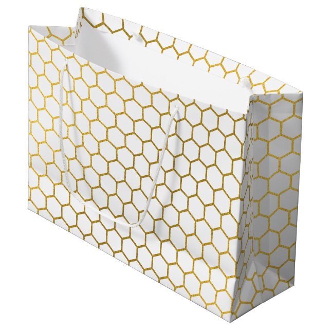 White & Gold Hexagon Geometric Pattern Large Gift Bag (Front Angled)