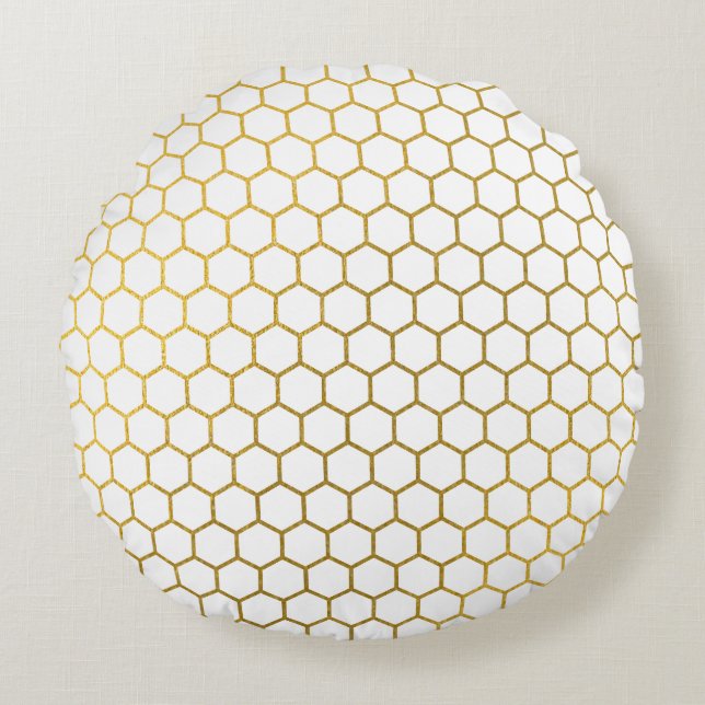 White & Gold Hexagon Geometric Pattern Round Cushion (Front)