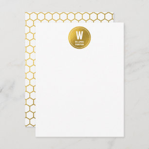 White & Gold Hexagon Pattern Monogram Initial Card