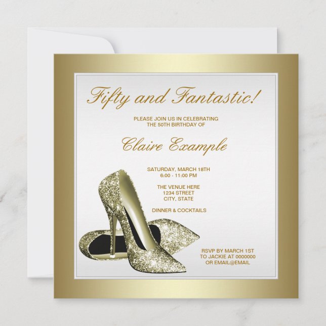 White Gold High Heels Womans 50th Birthday Invitation (Front)