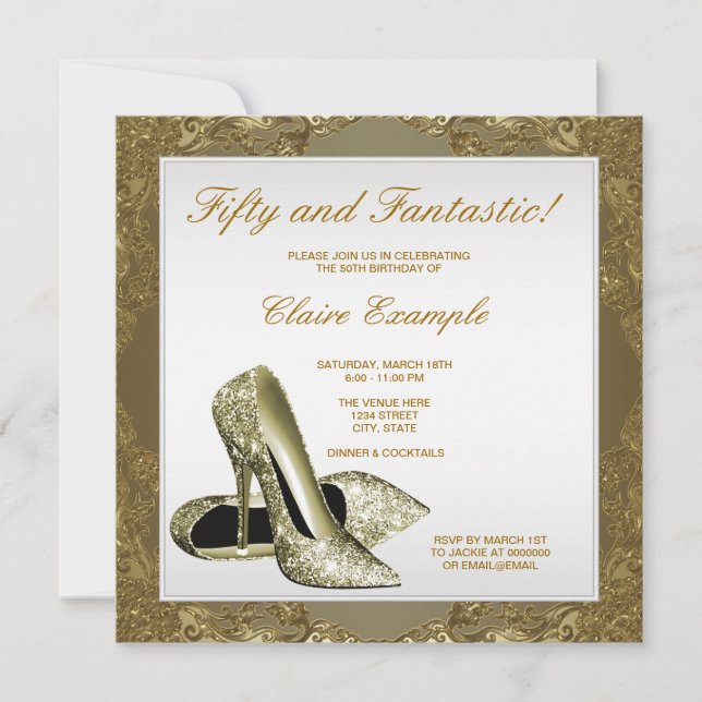 White Gold High Heels Womans 50th Birthday Invitation (Front)
