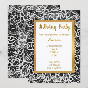 WHITE GOLD LACE GOLD TRIM ELEGANT BIRTHDAY INVITATION