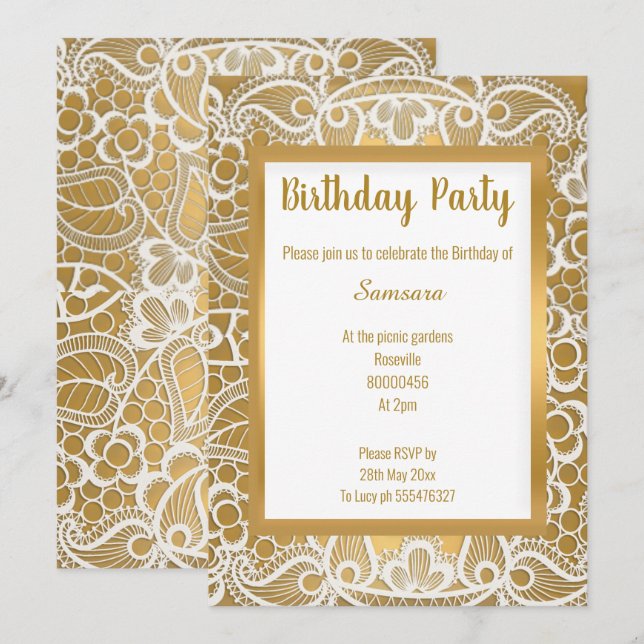 WHITE GOLD LACE GOLD TRIM ELEGANT BIRTHDAY INVITATION (Front/Back)
