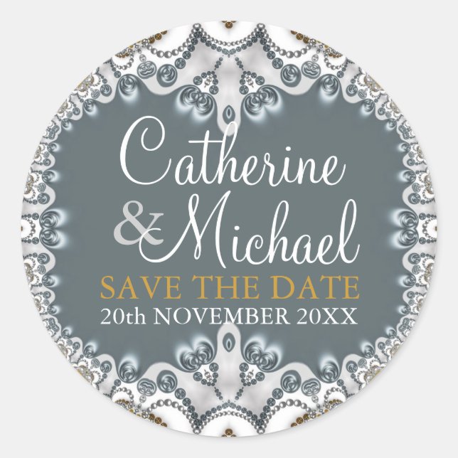 White Gold Lace Wedding Announcement Sticker (Front)