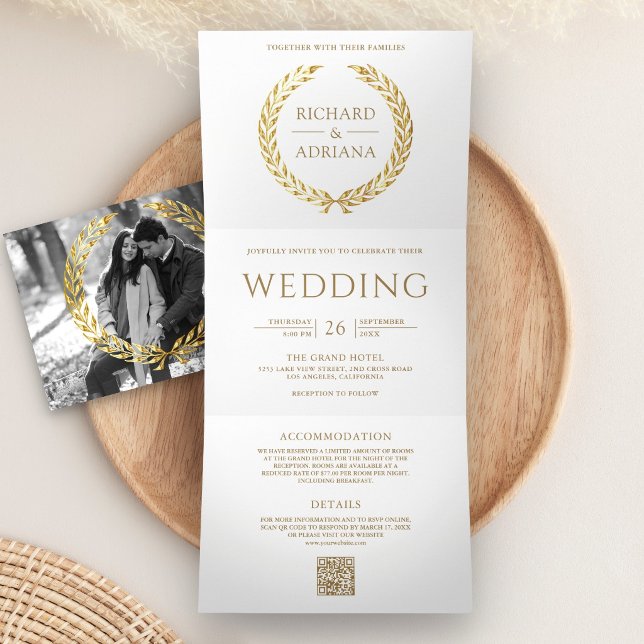 White Gold Laurel Minimal QR Code Wedding Tri-Fold Invitation (Creator Uploaded)