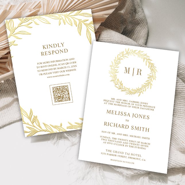 White Gold Leaf Branch QR Code Wedding Invitation (Creator Uploaded)