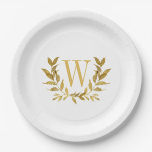 White Gold Leaf Monogram Elegant Chic Wedding Paper Plate