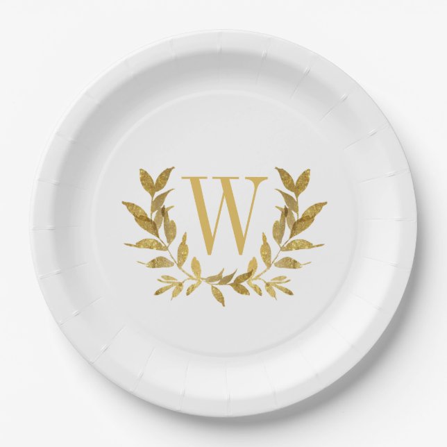 White Gold Leaf Monogram Elegant Chic Wedding Paper Plate (Front)