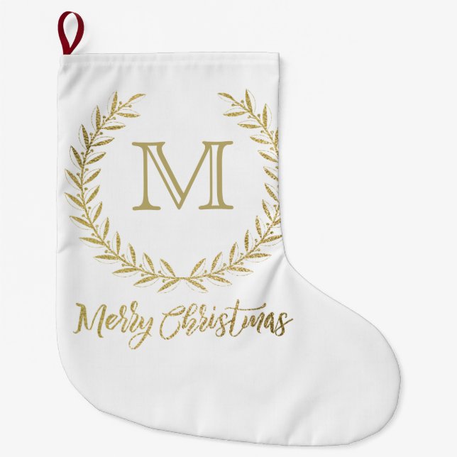 White & Gold Leaf Monogram Merry Christmas Large Christmas Stocking (Front)
