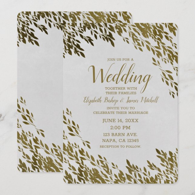 White & Gold Leaves Chic Rustic Modern Wedding Invitation (Front/Back)