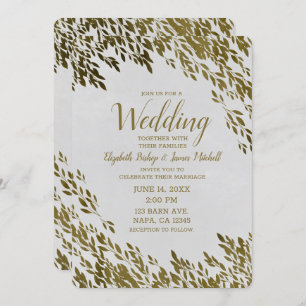 White & Gold Leaves Chic Rustic Modern Wedding Invitation