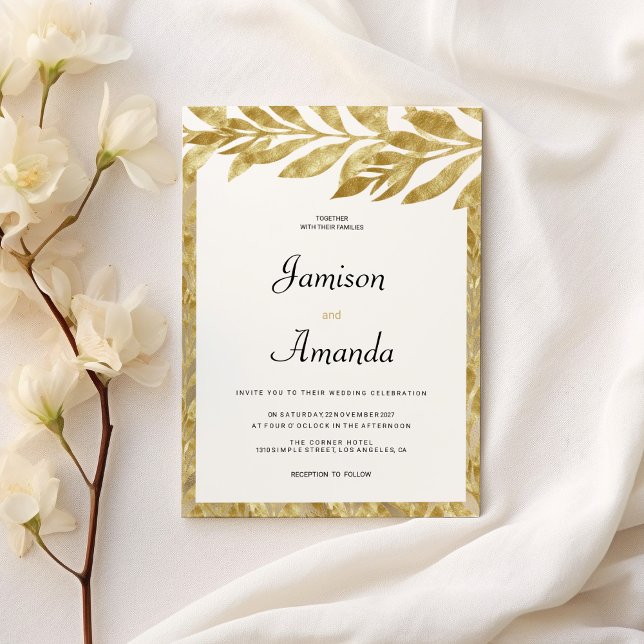 White gold leaves elegance floral Wedding Invitation (White gold leaves elegance floral Wedding )