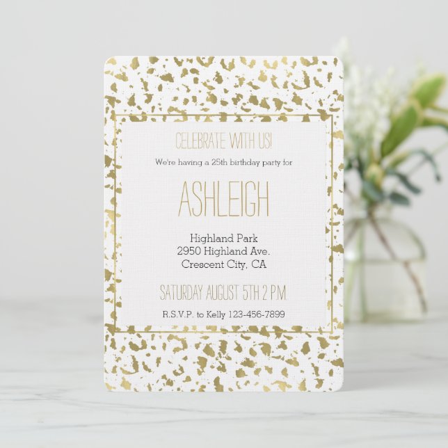 White Gold Leopard Animal birthday Invitation (Standing Front)