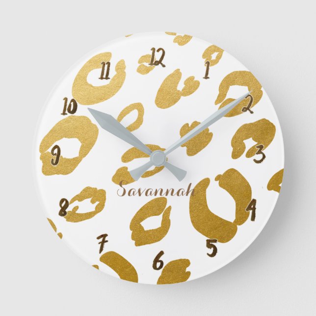 White & Gold Leopard Cheetah Glam Personalised Round Clock (Front)