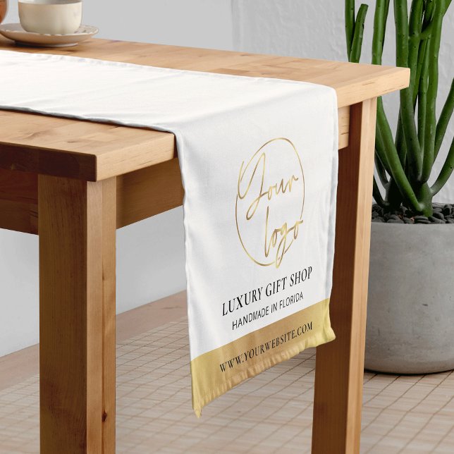 White & Gold Logo Business Event Modern Branded Short Table Runner (Gold logo personalized business promotional table runner for events or your boutique stand)