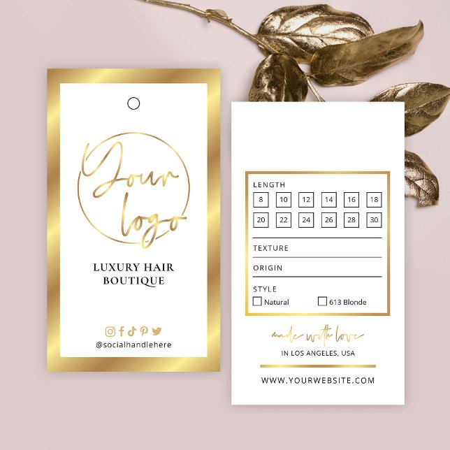 White & Gold Logo Hair Extensions Size Hang Tag (Elegant white and gold logo hair extensions hang tag label)