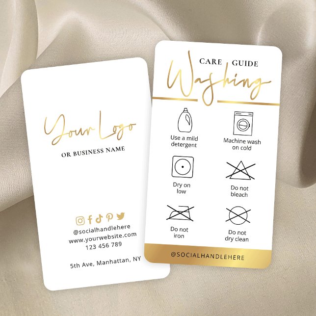White & Gold Logo Washing Care Instructions Business Card (Creator Uploaded)