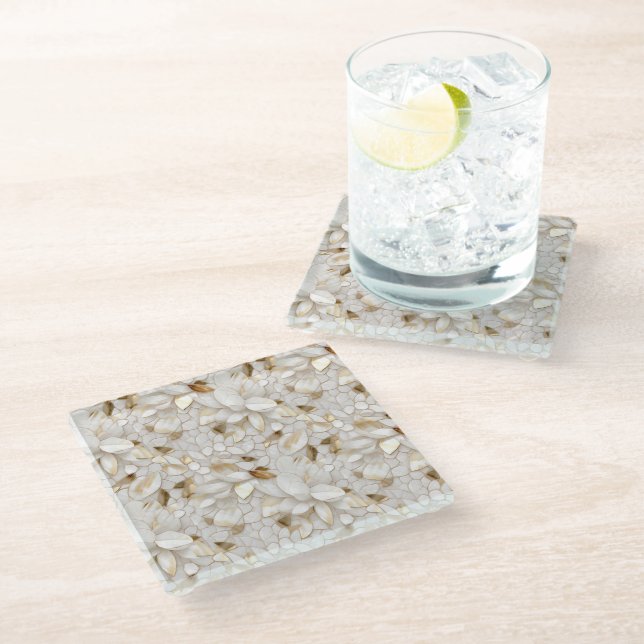 White Gold Lotus Flowers Glass Coaster (Angled)