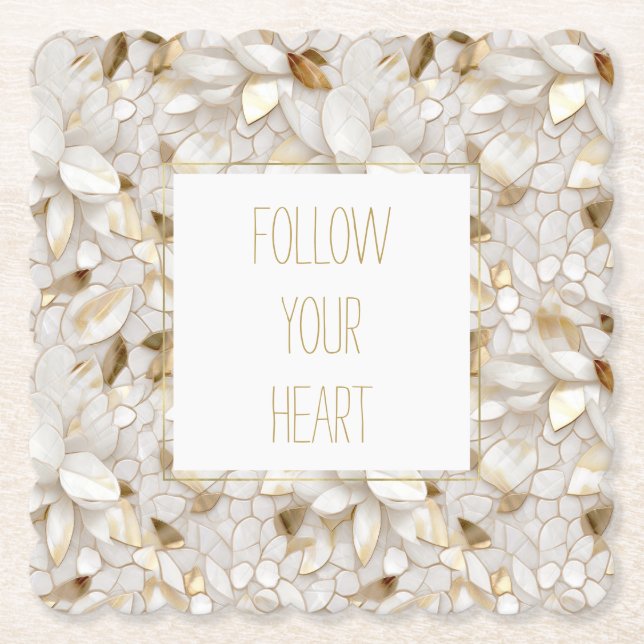 White Gold Lotus Flowers Paper Coaster (Front)