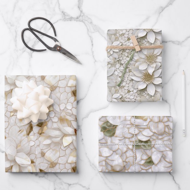 White Gold Lotus Flowers Wrapping Paper Sheet (Front)