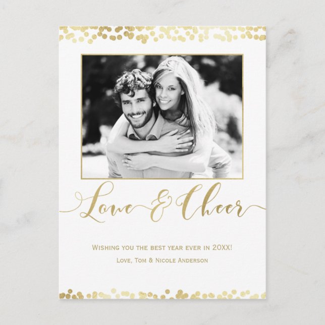 White & Gold LOVE & CHEER Modern New Years Photo Holiday Postcard (Front)