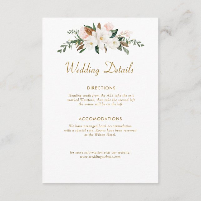 white & gold magnolia floral wedding details card (Front)