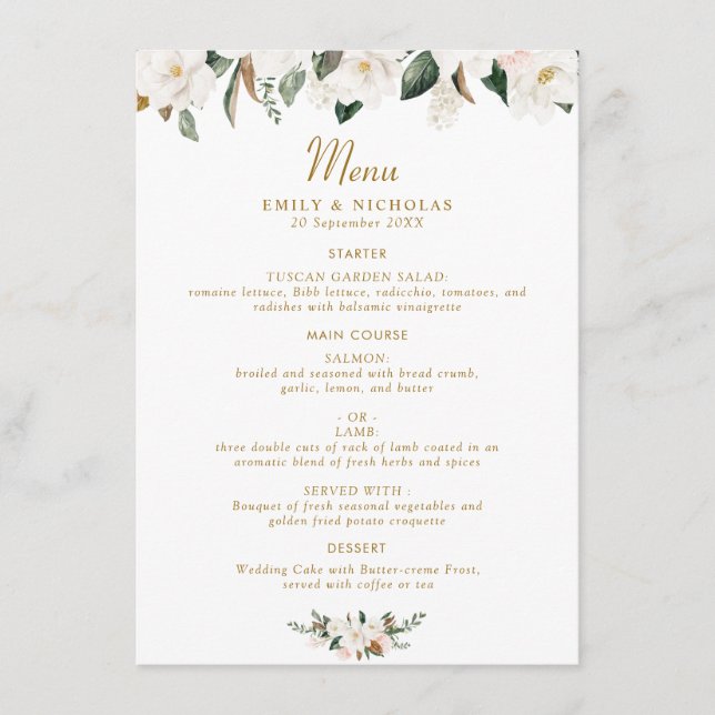 white & gold magnolia floral wedding menu (Front)