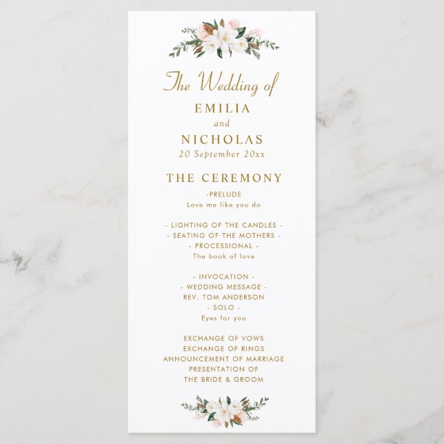 white & gold magnolia floral wedding program programme (Front)