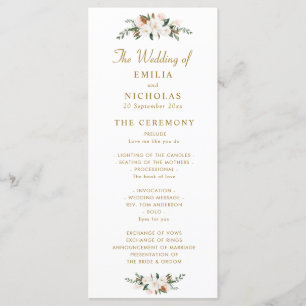 white & gold magnolia floral wedding program programme