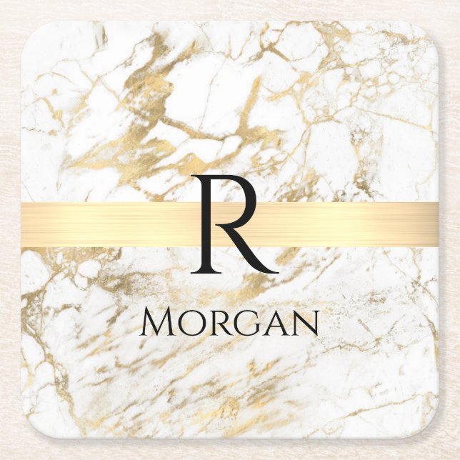 White & Gold Marble, Black Name & Monogram Square Paper Coaster (Front)