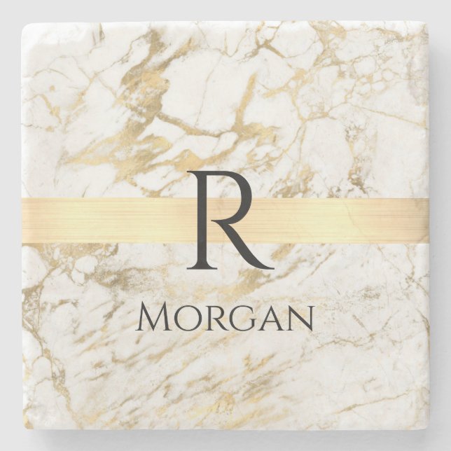 White & Gold Marble, Black Name & Monogram Stone Coaster (Front)