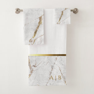 White & Gold Marble Cracks   Monogram  Bath Towel Set