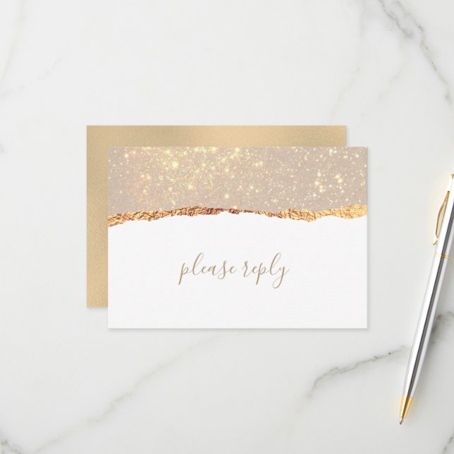 White Gold Marble Glam Wedding RSVP Card (Front/Back In Situ)