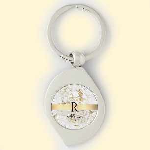 White & Gold Marble, Gold Bar, Black Name Monogram Key Ring