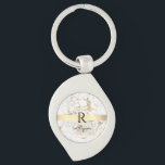 White & Gold Marble, Gold Bar, Black Name Monogram Key Ring<br><div class="desc">Personalise your name in black script and black monogram on Gold Bar on White and Gold Marble.</div>