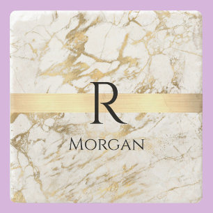 White & Gold Marble Gold Bar, Black Name Monogram Stone Coaster