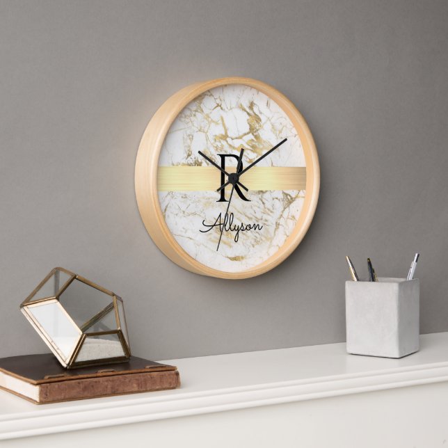 White & Gold Marble Gold Bar, Script Name Monogram Clock (Office)