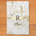 White & Gold Marble Gold Bar Script Name, Monogram Tea Towel<br><div class="desc">Personalise your name in black script and black monogram on Gold Bar over White and Gold Marble. Click “Edit Using Design Tool” to change colours and type styles.</div>