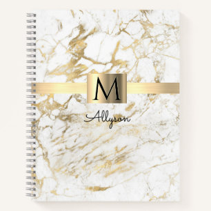 White & Gold Marble, Gold Box/Band Name & Monogram Notebook