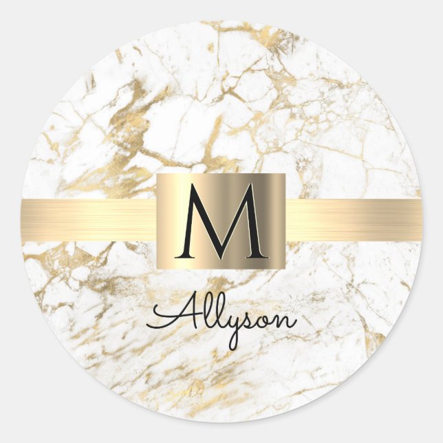 White & Gold Marble Gold Box Black Name & Monogram Classic Round Sticker (Front)